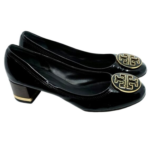 TORY BURCH~Amy Mid-Heel~STACKED PUMP~BLACK PATENT LEATHER GOLD HEEL SIZE 9M - Picture 4 of 7
